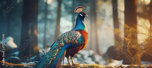 Graceful wild pheasant in forest setting with blurred background for text placement