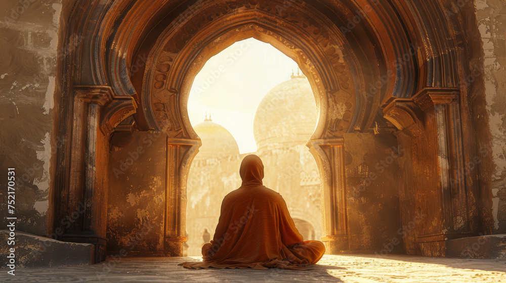 a muslim sitting in front of an archway and the sun