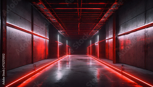 Luminous neon warehouse with concrete grunge design, dark red lights. © hardvicore