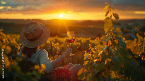 a person holding a wine glass in front of a vineyard