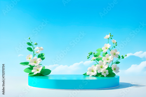 Spring podium with spring background for product presentation. Three-dimensional display stand with flowers for cosmetics, perfume. Minimalist showcase with spring design scene