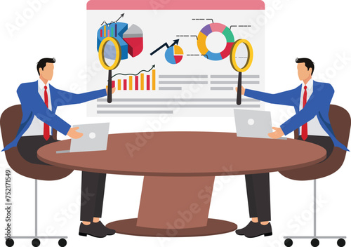 Two entrepreneur businessmen sitting at the conference table and looking at a pie chart with magnifying glass, mass market and niche market or emerging market