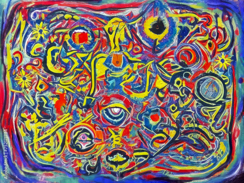 Colorful abstract doodle art design with ethnic shapes and patterns in red, blue and yellow color palette