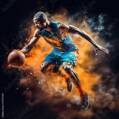 Dynamic shot of a basketball player in action.