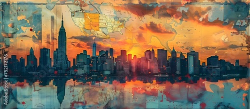 Vibrant Cityscape Painting in the Style of Assemblage of Maps and Snapshots of America, To provide a unique and colorful cityscape illustration for