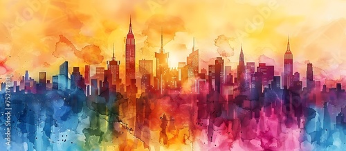 Abstract Watercolor Painting of New York Skyline in Digital Art Style, To provide a unique and creative depiction of the New York City skyline,