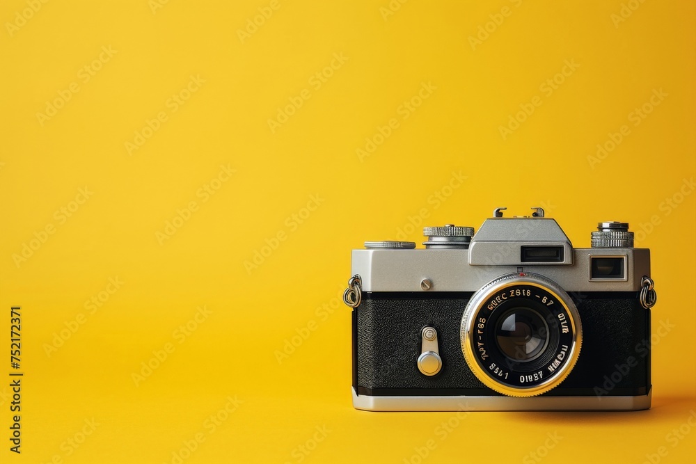 Vintage Camera Photography Equipment Flat Lay Yellow Background with Copy Space
