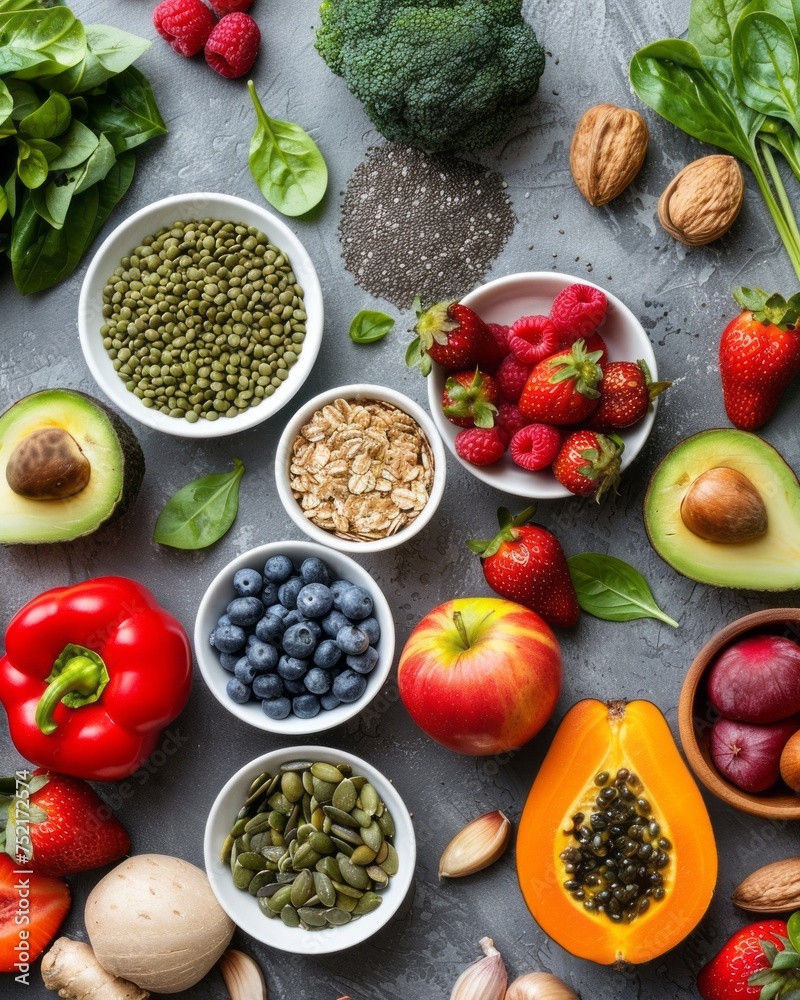 Top view of fresh organic vegetables, fruits, berries, nuts, herbs and spices in small bowls on grey stone tabletop. Nutrition, diet, vegan food concept. Healthy eating background. Top view of fresh organic vegetables, fruits, berries, nuts, herbs and spices in small bowls on grey stone tabletop. Nutrition, diet, vegan food concept. Healthy eating background.