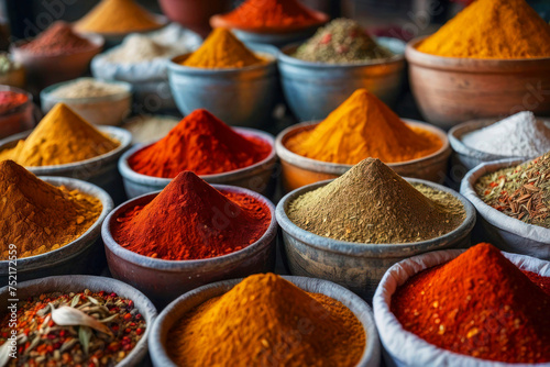 Local market, piles of aromatic spices of different colors. Bowls with ingredients, different types of powder and herbs on the background, pepper and cardamom, oriental dishes. © TulenMalen
