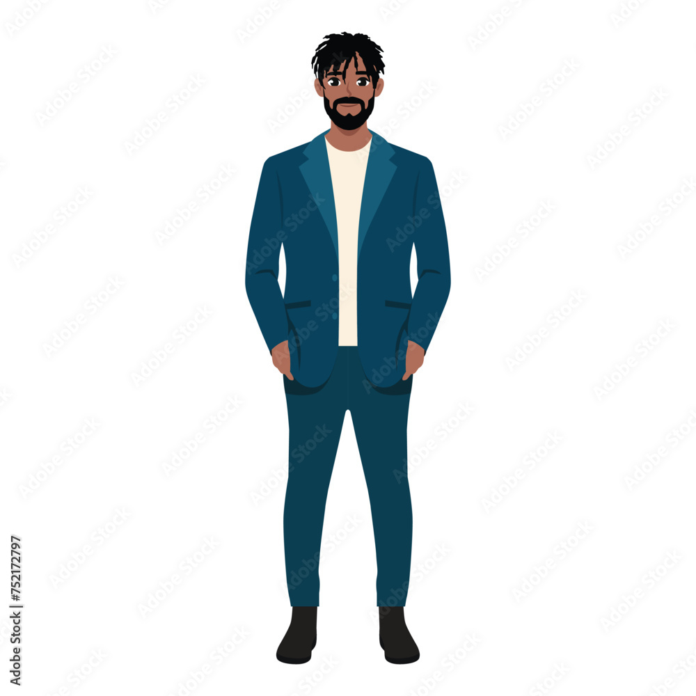 Young business man standing in blue suit with hands in his pockets. Flat vector illustration isolated on white background Young business man standing in blue suit with hands in his pockets. Flat vector illustration isolated on white background