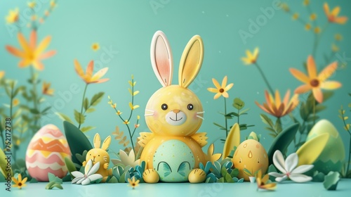 Easter bunny is surrounded by colorful eggs  creating a magical and festive scene. The bunny is depicted in a playful and lively manner  evoking the spirit of Easter celebrations. Generative AI