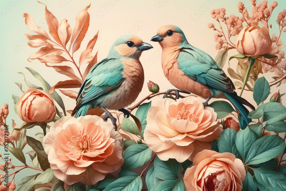 Vintage botanical illustration in retro style. Soft calm colors, two cute birds, flowers and plants.