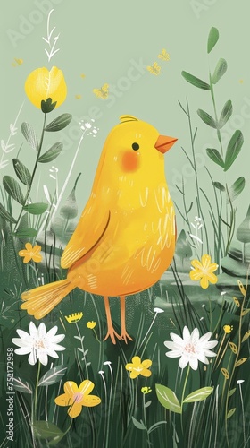 A vibrant painting featuring a yellow bird at the center, surrounded by a variety of colorful flowers in bloom, with intricate details. Generative AI