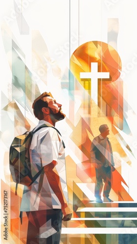 A man with a backpack stands in front of a large cross on a clear day. The man seems pensive, looking at the cross. The scene evokes feelings of awe and reflection. Generative AI
