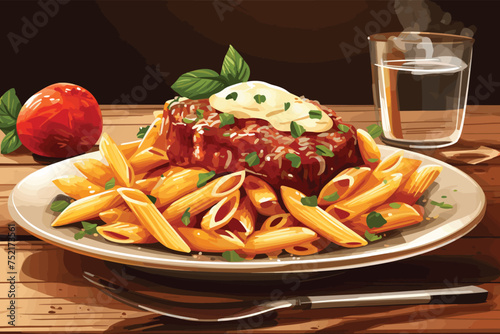 Penne with Tomato Sauce and Tenderloin vector art illustration. Generative AI