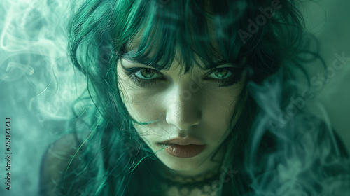 an attractive woman with green hair and smoke blowing behind her