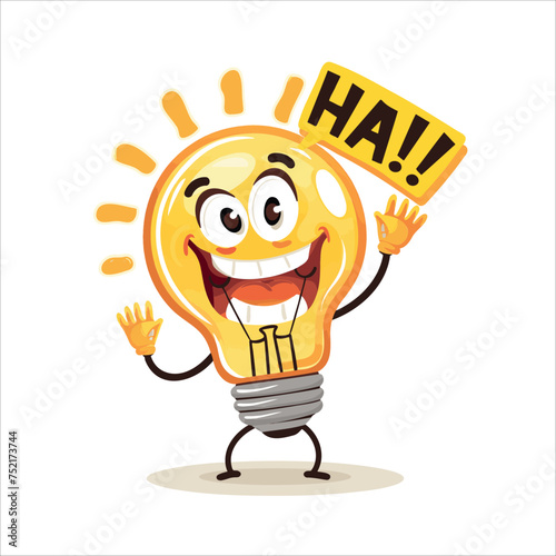 a smiling light bulb character is holding a haaa sign, dynamic energy