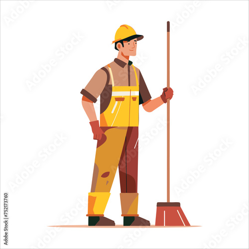 cleaning man and broom vector illustration flat