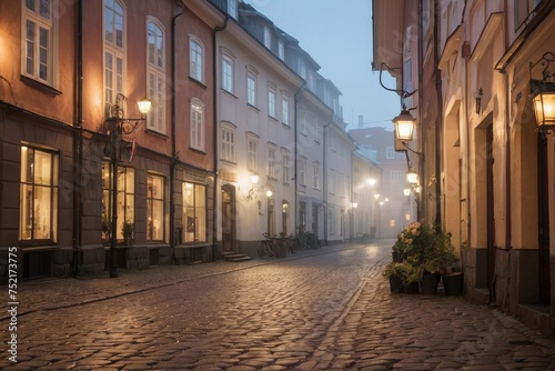 cobblestone street with a row of buildings on both sides, misty alleyways. 