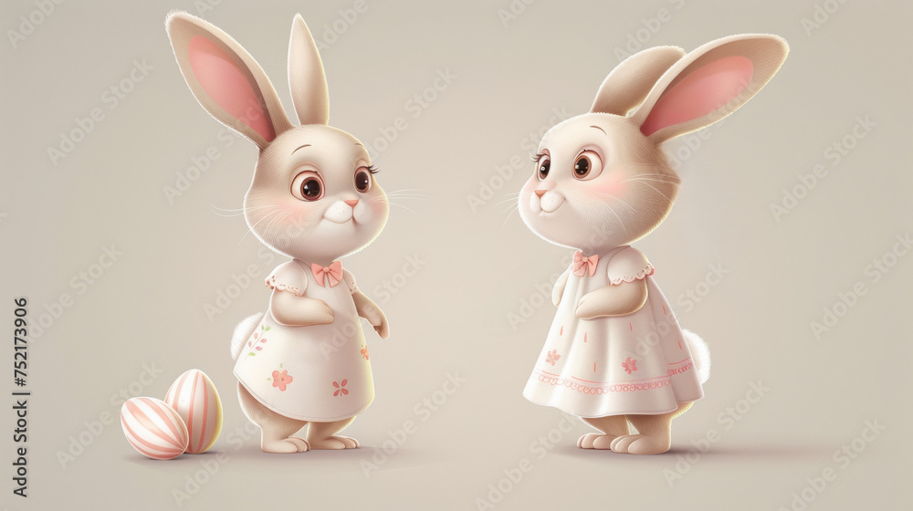 A painting featuring a rabbit dressed in a bright dress. The easter rabbit is the main focal point, standing gracefully in the center of the image. Generative AI A painting featuring a rabbit dressed in a bright dress. The easter rabbit is the main focal point, standing gracefully in the center of the image. Generative AI