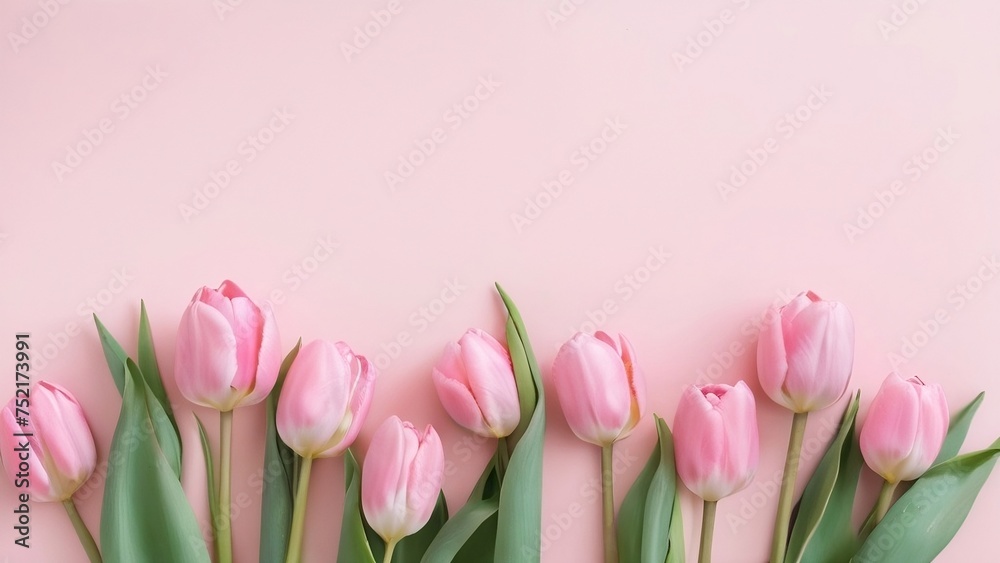 Pastel pink -colored spring background with a bouquet of pink tulip flowers,  Valentine's Day, Easter, Birthday, Happy Women's Day, Mother's Day. flat lay, top view with copy space