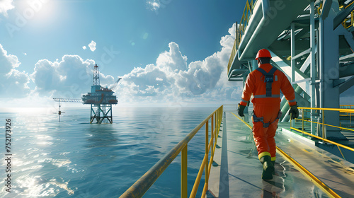 A male petroleum engineer in a field coverall walking or standing on a platform at a large offshore upstream oil and gas rig.