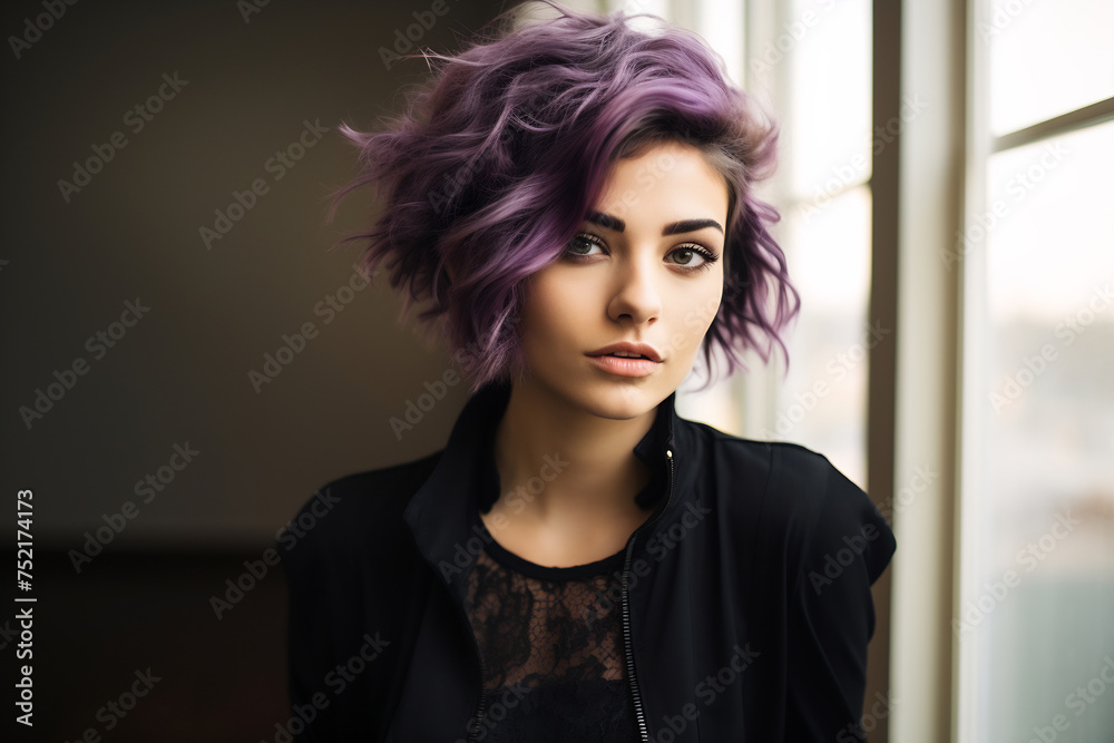 A captivating portrait of a young woman with short, tousled purple hair and striking green eyes, exuding a bohemian urban vibe. A captivating portrait of a young woman with short, tousled purple hair and striking green eyes, exuding a bohemian urban vibe.