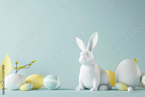 Easter background. A white rabbit sits next to a group of colorful Easter eggs of different sizes. Generative AI