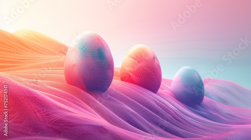 Three vibrant Easter eggs are displayed on top of a blue surface. The eggs feature bright colors, adding a festive touch to the scene.