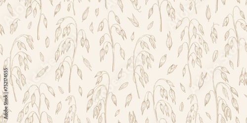 Oat field pattern. Oat spikes background. Line cereal drawing. Grain farm sketch in golden color. Vector bread plant art. Oatmeal branch and seed vintage seamless pattern. Vintage Field background