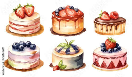Cheesecake decorated with berry set isolated on white background, close up, minimal. Berry cheesecake creative hand drawn watercolor illustration, clipart. For package, menu, advert, birthday