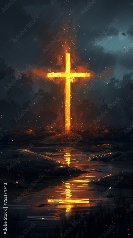 A cross stands prominently in the center of a cloudy sky, with rays of light breaking through the overcast weather, creating a solemn and dramatic scene. Generative AI A cross stands prominently in the center of a cloudy sky, with rays of light breaking through the overcast weather, creating a solemn and dramatic scene. Generative AI