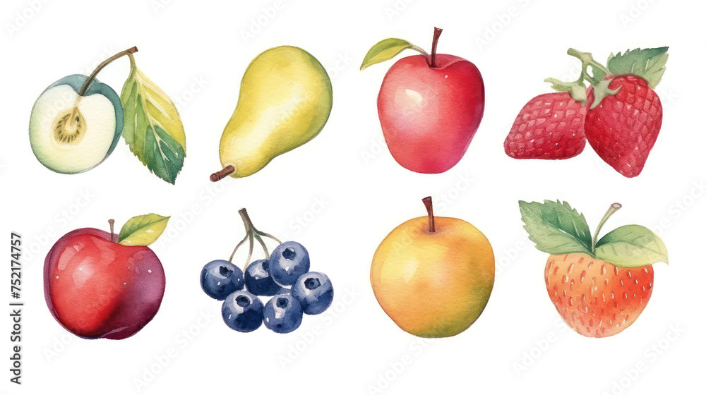 Fruit layout set isolated on white background, watercolor illustration. Apple, blueberry, lemon, orange, lime, kiwi, apricot, pear, grapes. Fruit icon clipart. Advertising, menu or package.