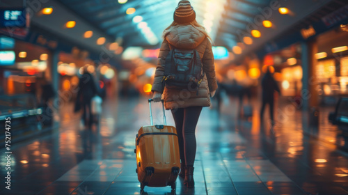 an image representing the traveler, suitcase, happiness, airport queue