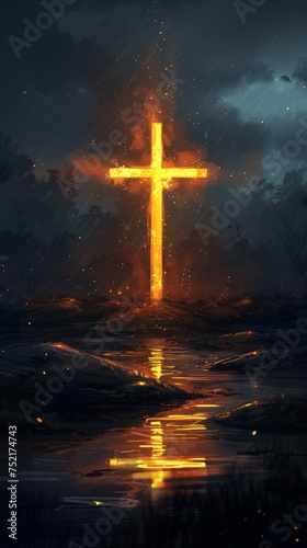 A cross stands prominently in the center of a cloudy sky, with rays of light breaking through the overcast weather, creating a solemn and dramatic scene. Generative AI
