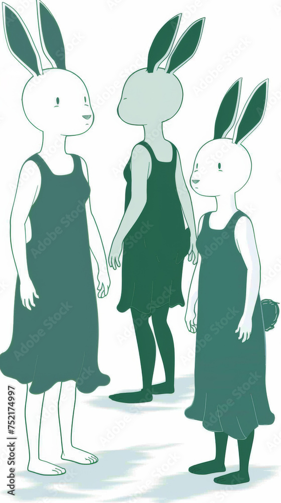 A pair of rabbits are standing side by side on the ground, looking in ...