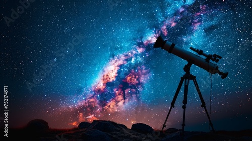 telescope and starry night sky in background. Astronomy and stars observing concept
