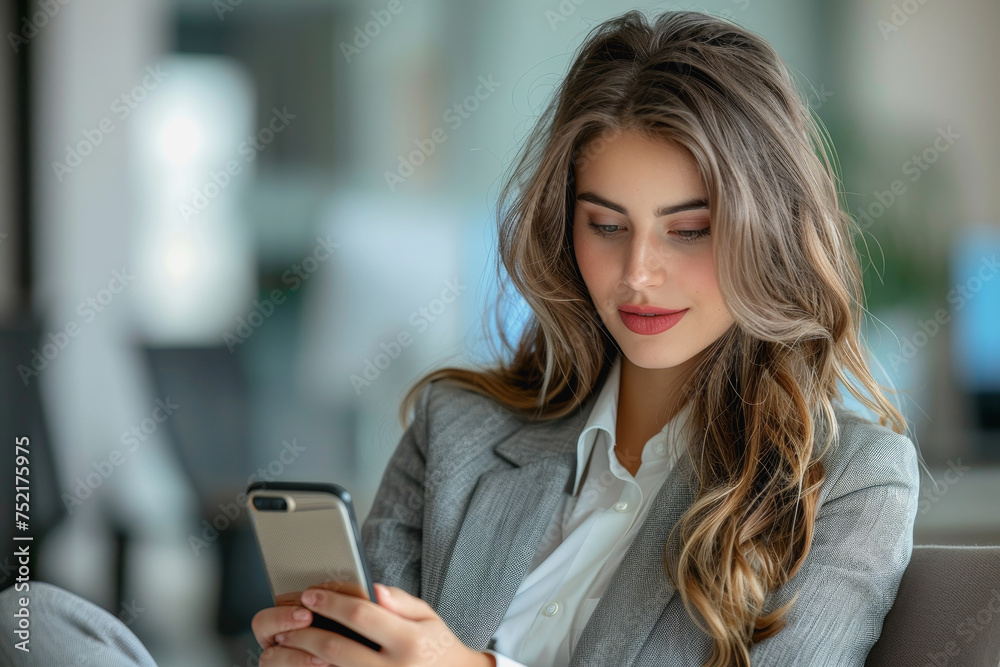 A beautiful businesswoman holding a phone and looking at it. AI Generated A beautiful businesswoman holding a phone and looking at it. AI Generated