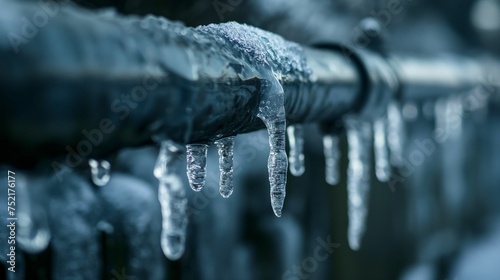 Image of the ice pipes decorated with icicles. photo