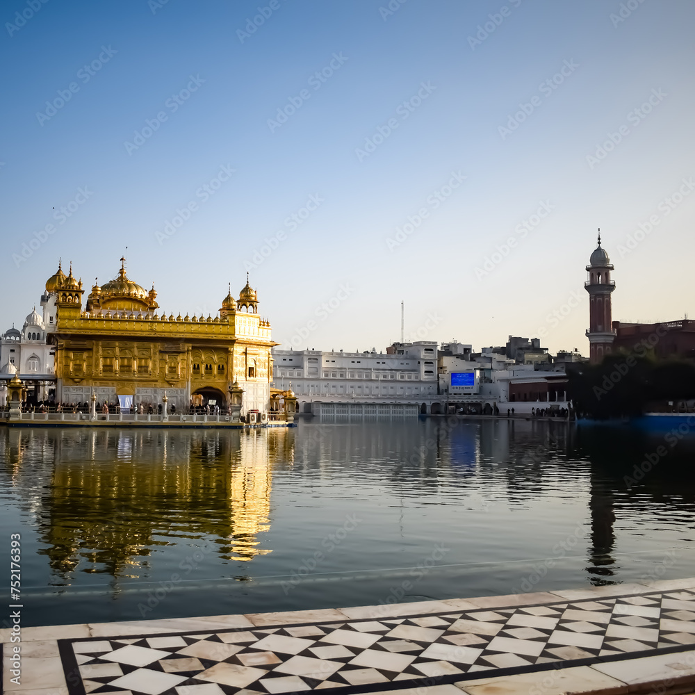 Beautiful view of Golden Temple - Harmandir Sahib in Amritsar, Punjab, India, Famous indian sikh landmark, Golden Temple, the main sanctuary of Sikhs in Amritsar, India