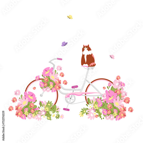a cat is sitting on a bicycle. vector illustration with flowers. spring and summer picture