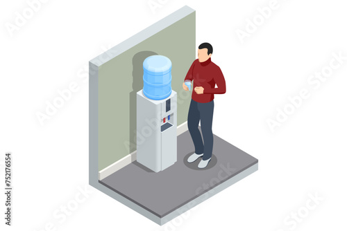 Isometric cooler with water bottle isolated on white background. Large water dispenser in the office, with cold and hot taps.