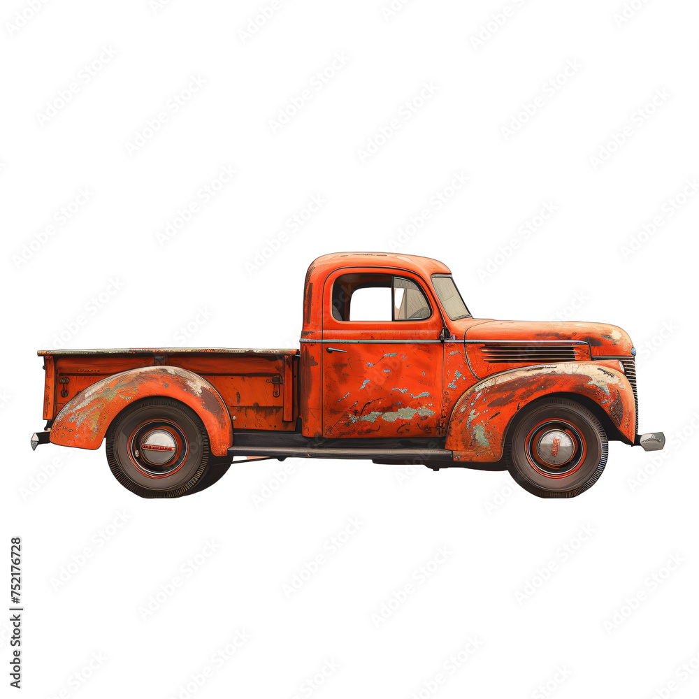 Antique red pickup truck side view isolated on transparent background PNG. Time-honored vehicle design concept for nostalgic art, restoration projects, and automotive collectors.