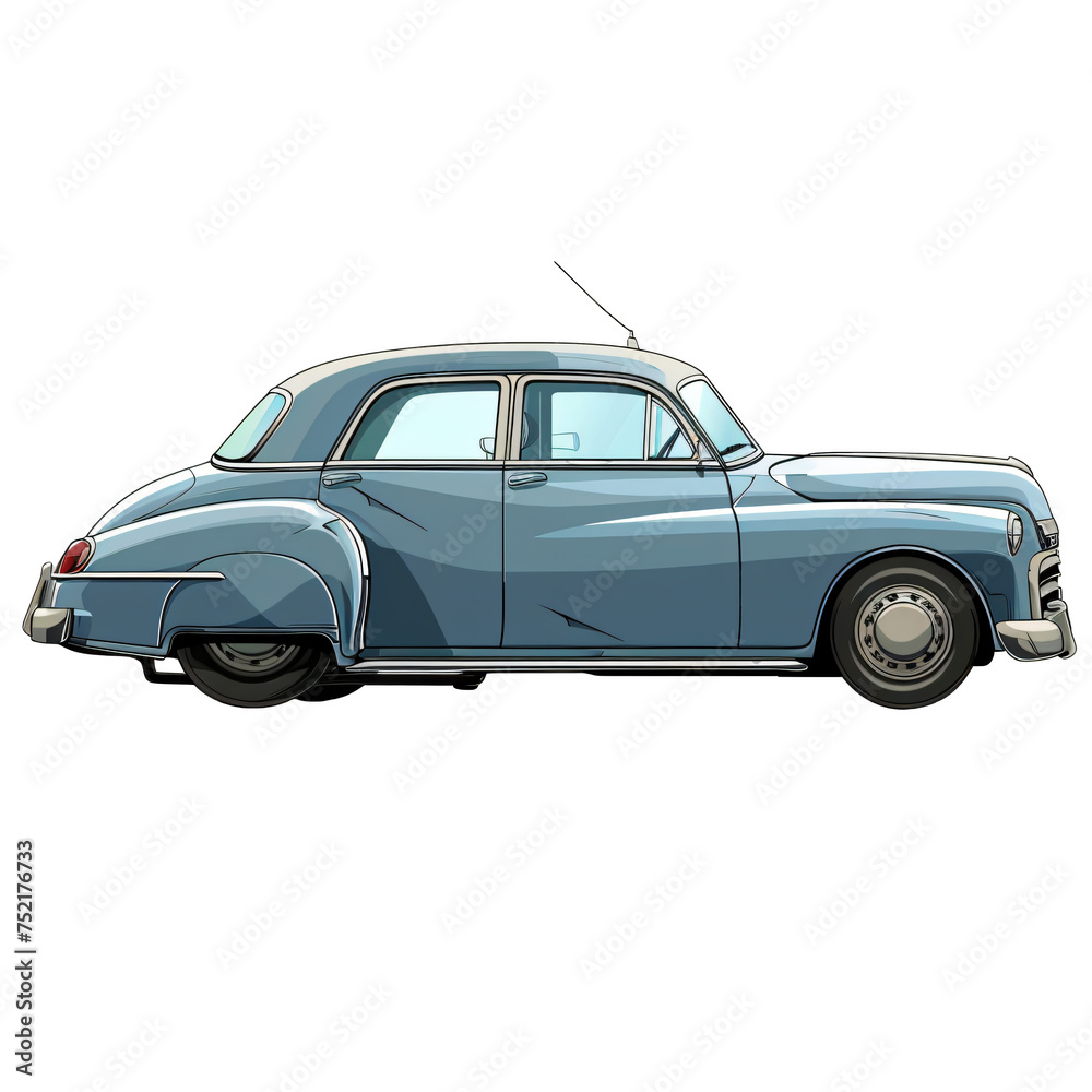 Retro sky blue vintage sedan car isolated on transparent background PNG. Classic 1940s automobile concept for restoration enthusiasts, collectible art, and vintage car advertising.