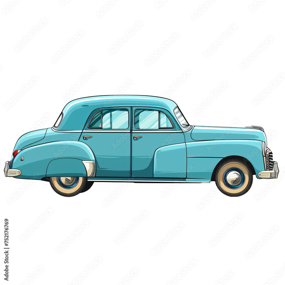 Antique turquoise sedan car isolated on transparent background PNG. Classic 1940s vehicle concept for historical car collectors and vintage automotive art.