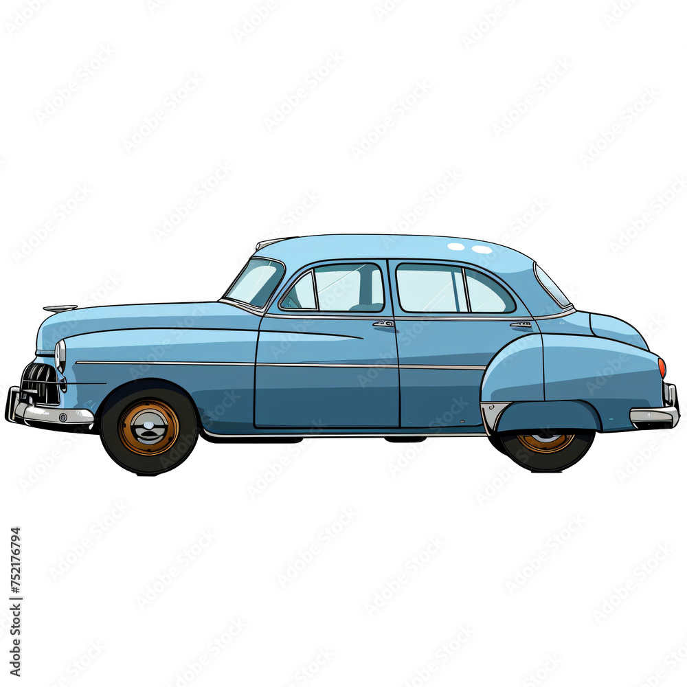 Vintage light blue sedan car illustration isolated on transparent background PNG. Timeless classic car design for automotive nostalgia and retro car enthusiasts.