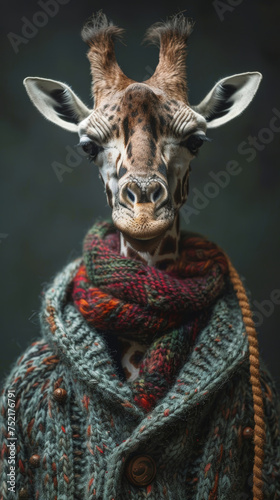 Portrait of a giraffe-human hybrid ultra realistic details traditional knitwea