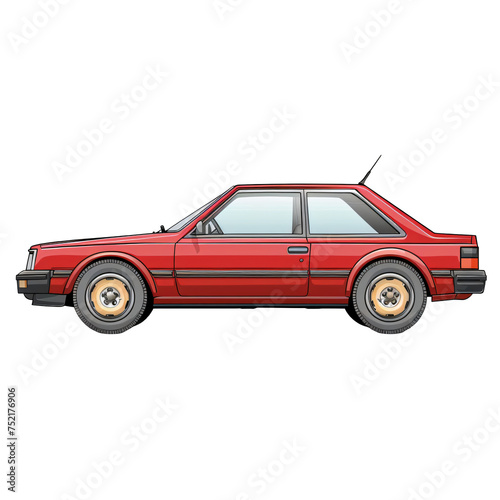 Red vintage performance hatchback car isolated on transparent background PNG. 1980s sports car design concept for nostalgic automotive themes and classic car illustration.