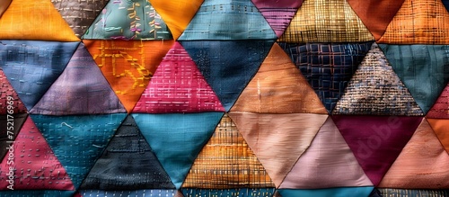 Colorful Triangle Quilt with Earthy Textures, This versatile quilt can serve as a centerpiece for a cozy living room, a pop of color on a neutral