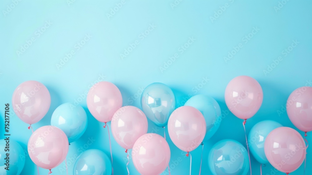 pink and blue balloons released into the air, creating a festive and celebratory atmosphere for a gender reveal party or birthday event, baby shower